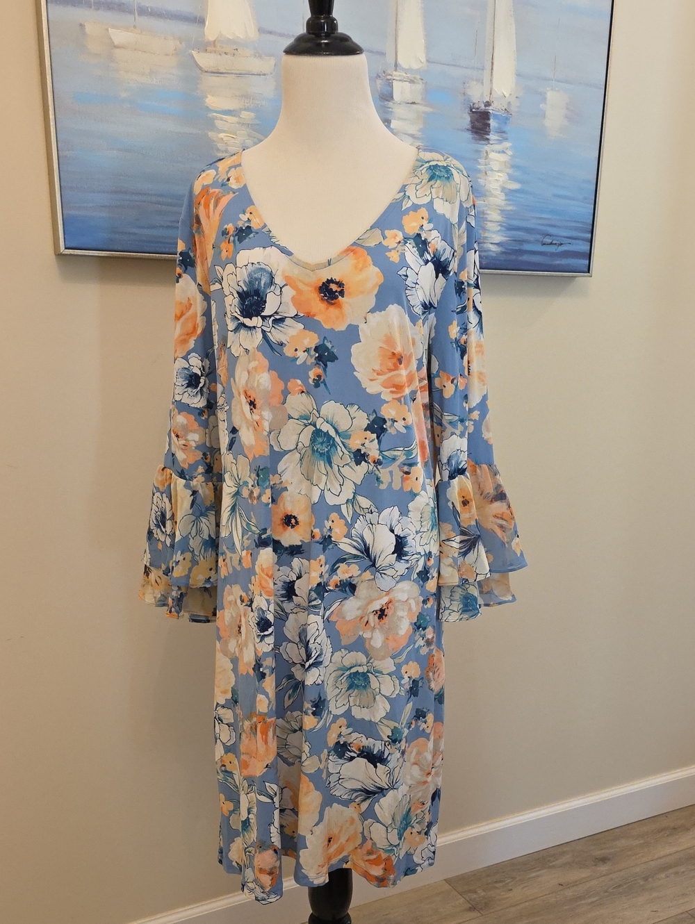 MSK Blue Floral V-Neck Bell Sleeve Midi Dress